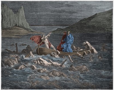 Inferno, Canto 8: Phlegyas ferries Dante and Virgil across the Styx (illustration from The Divine Comedy) by Gustave after Dore